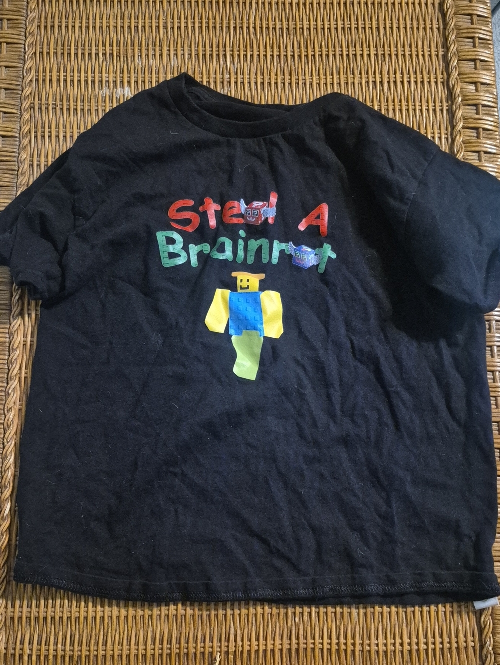 Kids Black Graphic T‑Shirt with Steal A Brainrot Saying